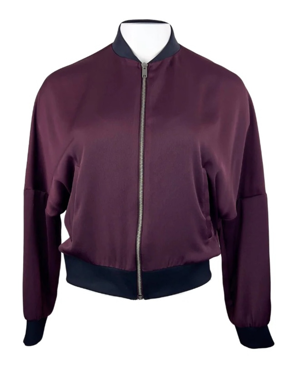 TOPSHOP Deep Purple Polyester Satin Cropped Zip Front Bomber Jacket